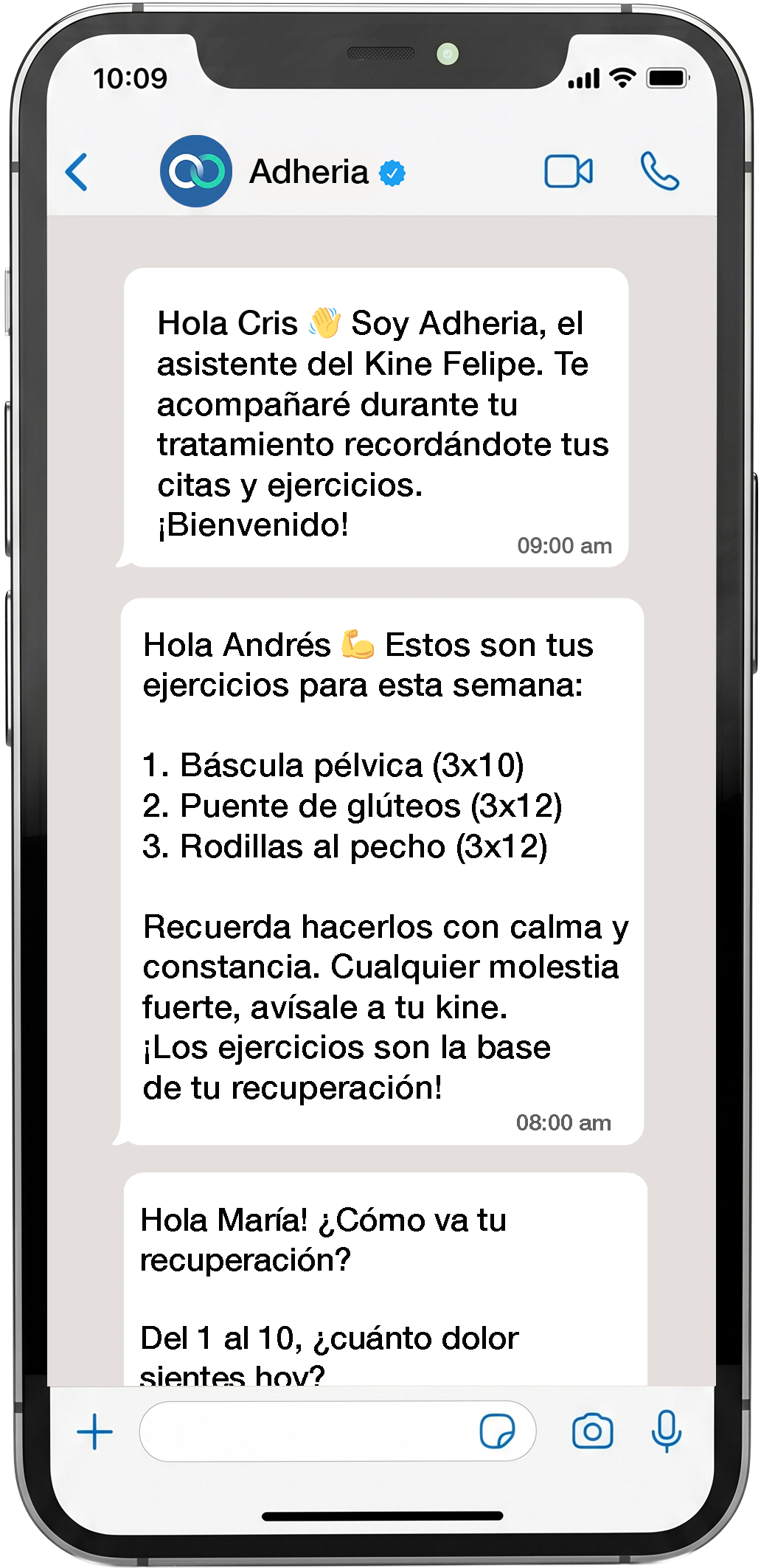 Conversación de WhatsApp con Adheria: bienvenida, ejercicios y check-in de dolor